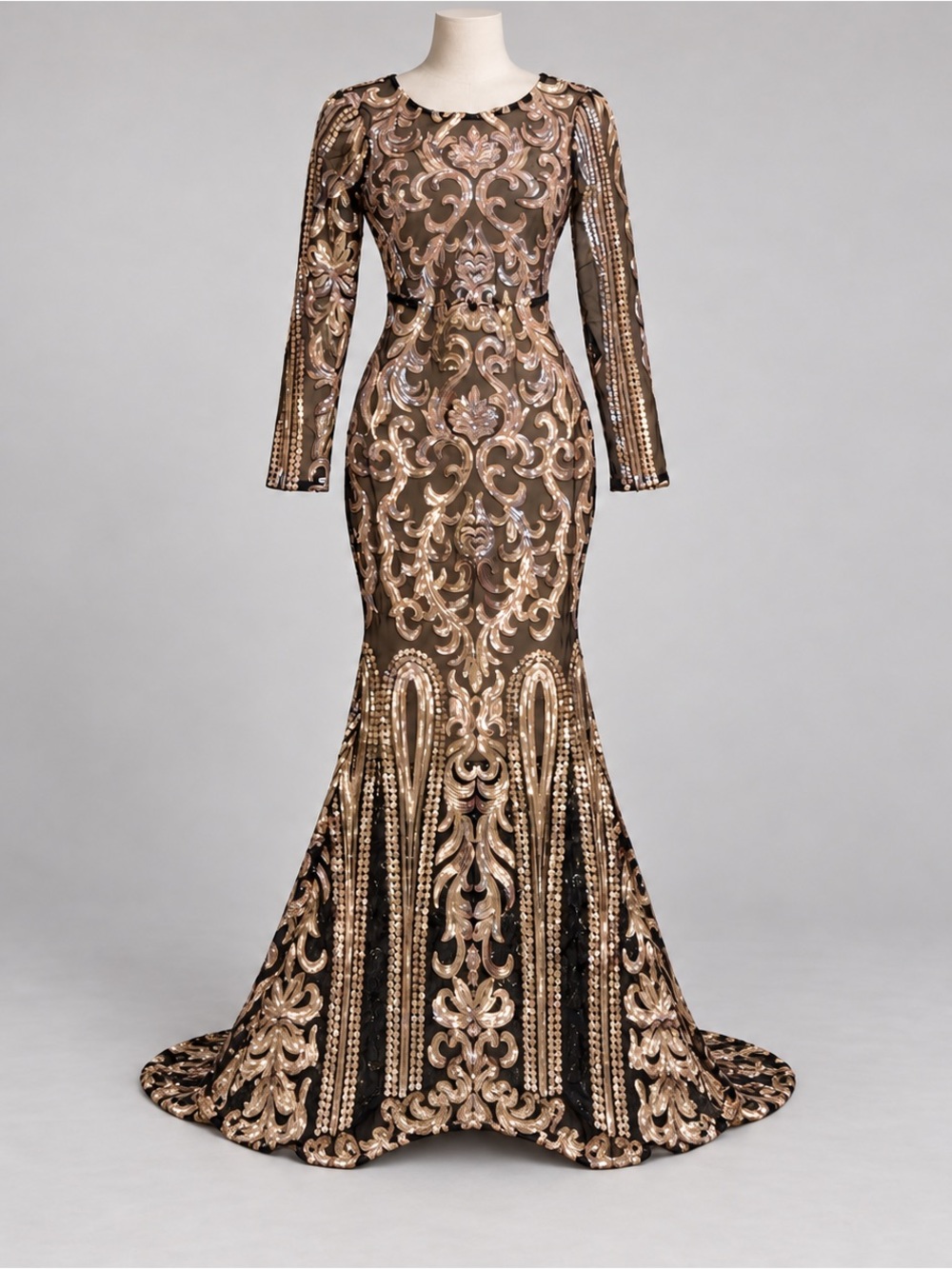 Black Gold Sequin Mermaidmaid G gown Small Long Sleeve High-Low Train